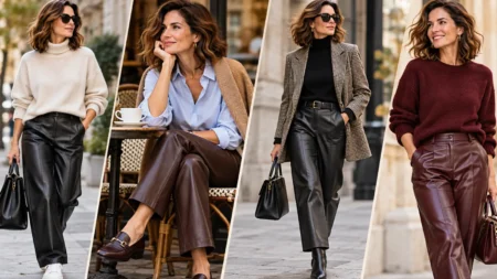 Pantaloni in pelle dopo i 40 anni, come portarli con eleganza anche di giorno Quattro proposte di stile per indossare i pantaloni in pelle dopo i 40 anni. Dagli abbinamenti casual con pullover e sneakers ai look più raffinati con blazer, camicie e mocassini, le tonalità nero, marrone e bordeaux interpretano la moda autunno 2026.