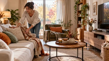 Con l’autunno torniamo a vivere il soggiorno: cosa pulire su divano, poltrone e zona Tv dopo l’estate Donna sistema divano e plaid in un soggiorno autunnale con poltrona, televisore e tessili da pulire dopo l’estate