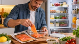 Salmone affumicato aperto, quanto dura in frigo e come conservarlo in sicurezza Uomo in cucina trasferisce alcune fette di salmone affumicato dalla confezione aperta a un contenitore ermetico vicino al frigorifero