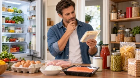 “Da consumare entro” e “preferibilmente entro”: cosa cambia davvero per sicurezza e sprechi Uomo di circa 40 anni legge l'etichetta di un alimento in cucina, tra prodotti freschi e confezionati, davanti al frigorifero aperto.