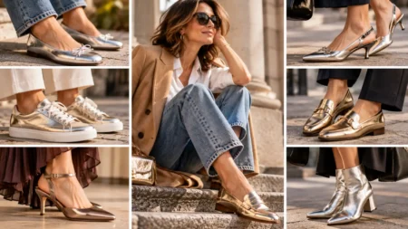 Scarpe metallizzate, come indossarle di giorno senza riservarle alle occasioni speciali Mosaico di scarpe metallizzate con ballerine argentate, mocassini dorati, sneakers, décolleté e stivaletti abbinati a jeans, gonne e pantaloni eleganti.
