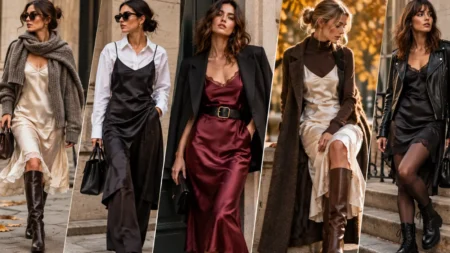 Lo slip dress non va in letargo: 5 modi per indossarlo anche in autunno con stile Cinque outfit autunnali con slip dress in raso abbinato a maglioni oversize, camicia bianca, blazer, cappotto e giacca di pelle