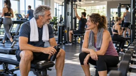 Uomo e donna over 50 chiacchierano in palestra dopo l’allenamento