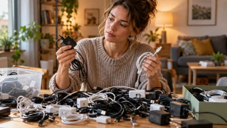 Dove si buttano vecchi cavi, fili e i caricabatterie degli smartphone finiti nei cassetti Donna seduta in soggiorno mentre riordina un groviglio di vecchi caricabatterie, cavi USB e adattatori elettronici.