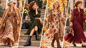 Abiti dopo i 60 anni, le lunghezze dei vestiti che fanno la differenza con scarpe basse e stivaletti Quattro donne eleganti over 60 indossano abiti di diverse lunghezze abbinati a stivaletti e scarpe basse per l'autunno.