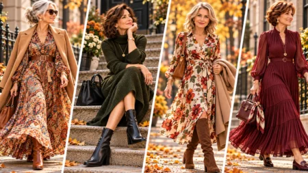 Abiti dopo i 60 anni, le lunghezze dei vestiti che fanno la differenza con scarpe basse e stivaletti Quattro donne eleganti over 60 indossano abiti di diverse lunghezze abbinati a stivaletti e scarpe basse per l'autunno.