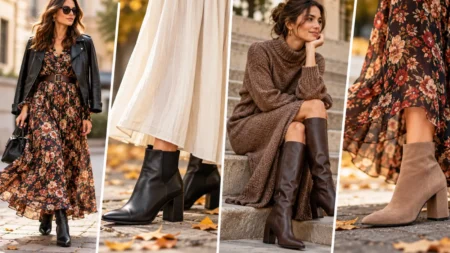 Stivaletti con vestiti lunghi, come scegliere altezza e proporzioni senza appesantire la figura Vestiti lunghi e stivaletti, quattro abbinamenti autunnali con abiti floreali e scarpe eleganti.