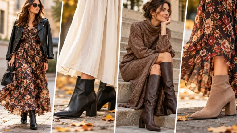Stivaletti con vestiti lunghi, come scegliere altezza e proporzioni senza appesantire la figura Vestiti lunghi e stivaletti, quattro abbinamenti autunnali con abiti floreali e scarpe eleganti.